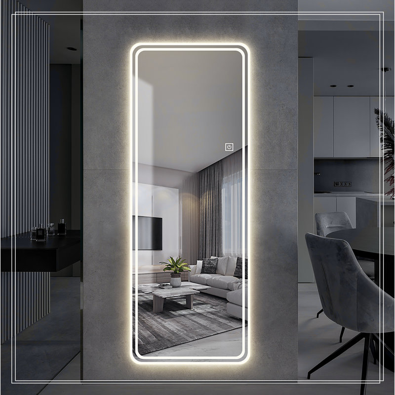 Miroir de plancher pleine longueur 65 po x 24 po à DEL avec fixation murale
