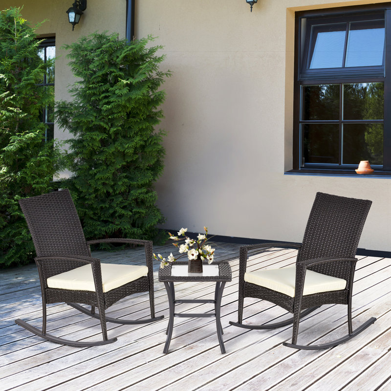 Ensemble de 3 chaises berçantes en osier avec table basse, Gris