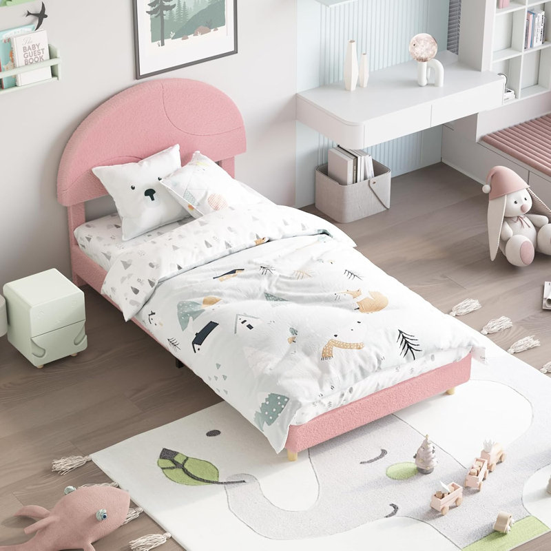 Structure de lit simple avec tête de lit - Conception en arc rembourré beige doux, lit à lattes en bois pour enfants sans sommier, assemblage facile