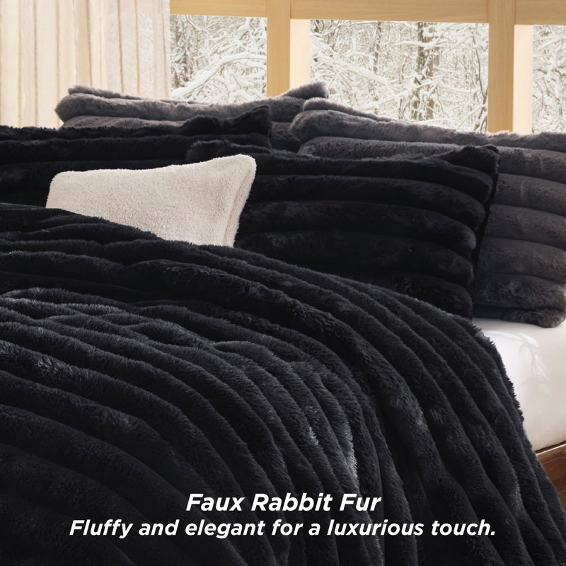 Ensemble d'édredon en fausse fourrure, Noir, Édredon très grand + 2 taies décoratives très 
