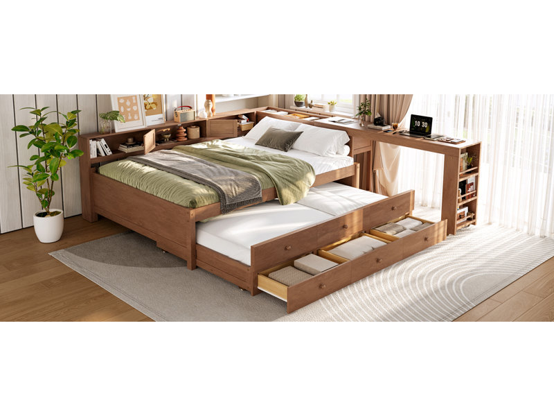 Lit de jour simple en L avec couchette Tarazon, bureau intégré et tablettes de rangement, bois durable, Full / Double, Brown