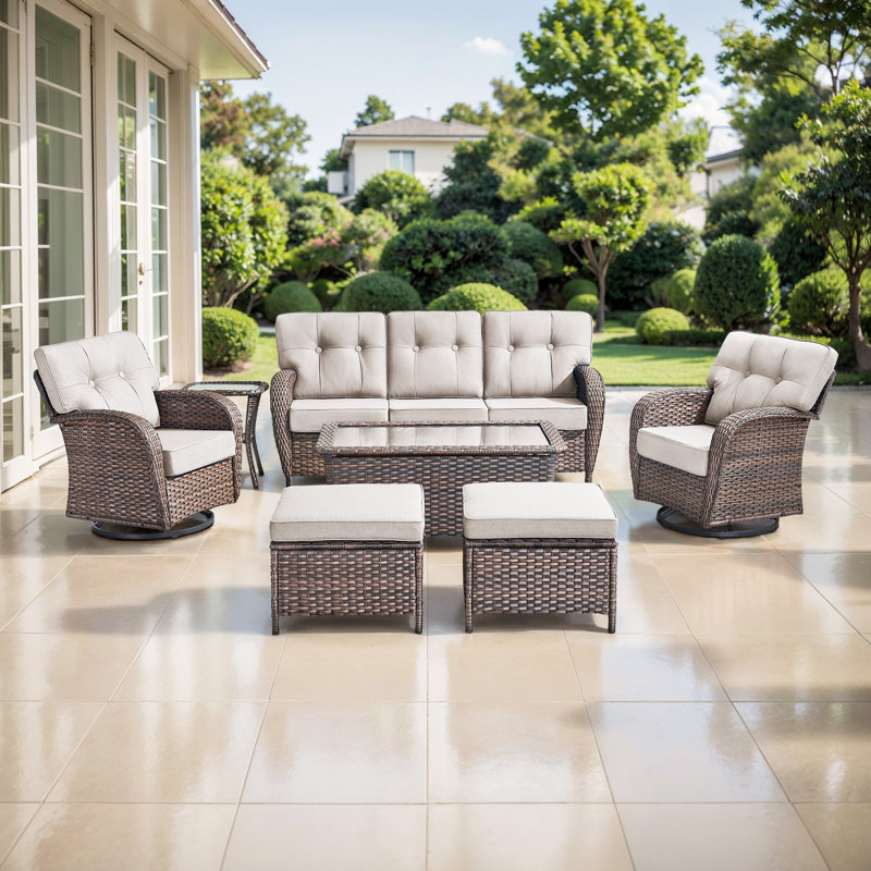 Agnes 5 Person Outdoor Wicker Patio T-Back Cushions Conversation Furniture With Ottomans, Beige
