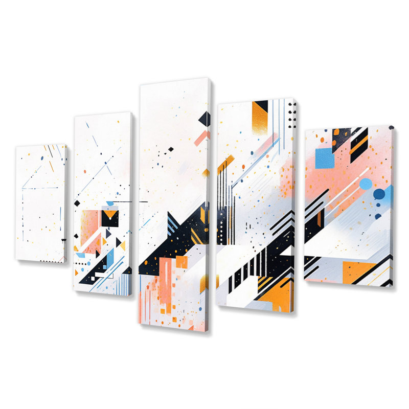 «Peach Blue Bold Stripes» - Art mural sur toile cubisme - 5 panneaux