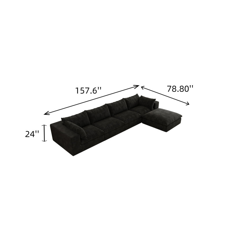 Canapé en velours côtelé de 157,6 pouces, H 24 po x l 157,6 po x P 78,8 po, Velours côtelé noir