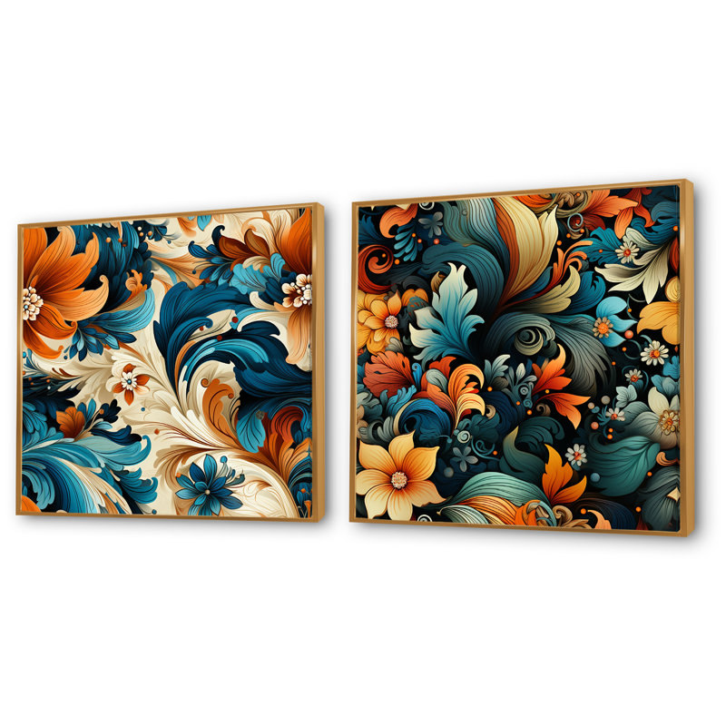 Paisley bohémien «Earth Tones II» - ensemble de 2 reproductions d'art sur toile, Encadrement doré, H 16 po x l 33 po x P 1 po