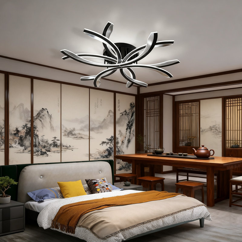 Modern LED Flush Mount Ceiling Light With Remote Control - Dimmable 144W Close-To-Ceiling Fixture, Adjustable Color Temperature 3000K-6500K, Night Light Mode, High CRI 90+, Black Floral Design