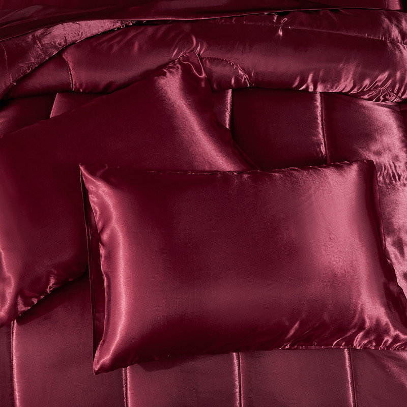 Ensemble d'édredon satiné avec draps pour grand lit 8 pièces Ensemble de literie soyeux et bourgogne luxueux avec 1 housse de coussin