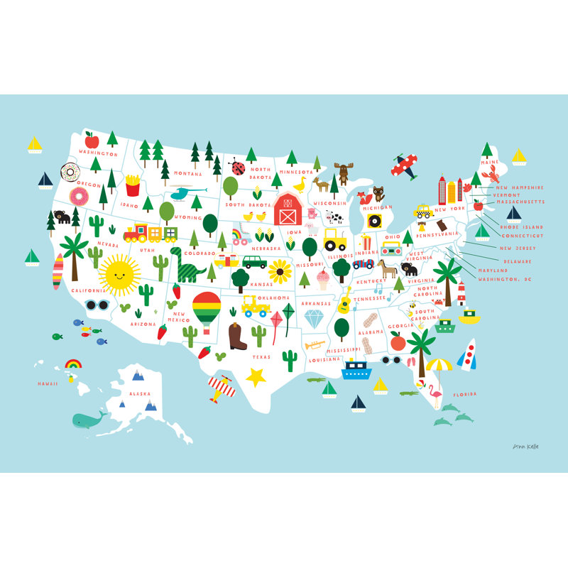 Fun USA Map by Ann Kelle - Painting Print, Black Floater Framed, 51cm H x 76cm W