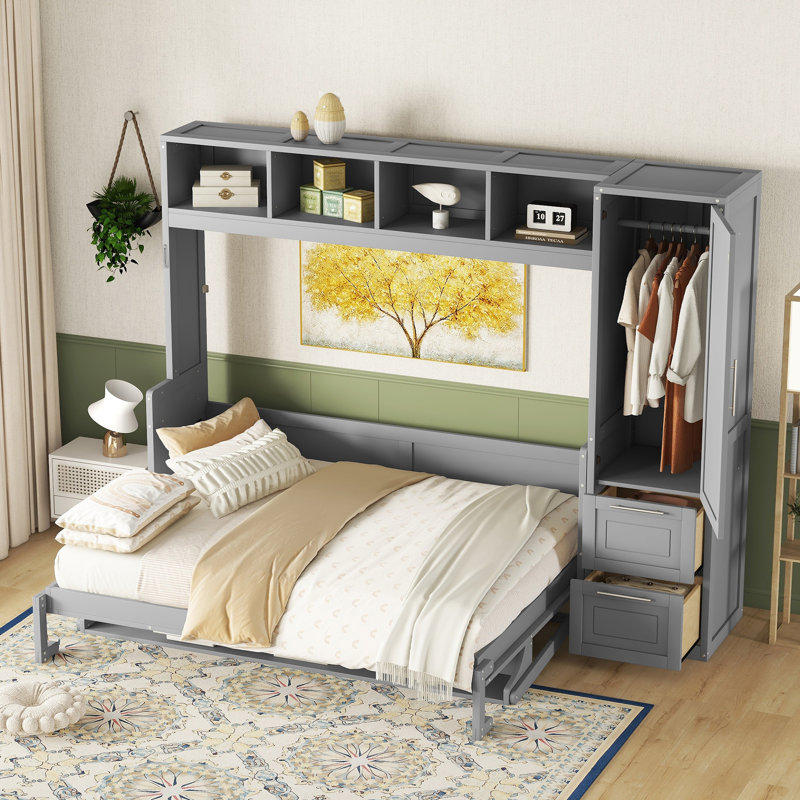 Queen Size Murphy Bed Wall Bed With Closet And Drawers,Gray