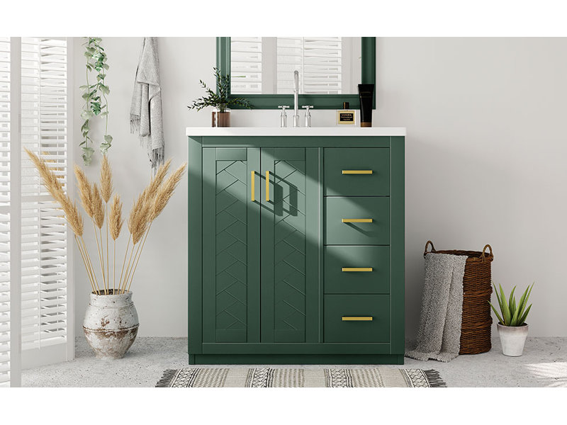 Meuble-lavabo autoportant en bois massif 30 po avec lavabo en céramique et 3 tiroirs à fermeture en douceur - Armoire de rangement