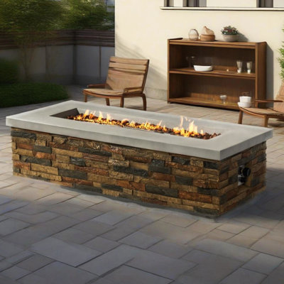 Table de foyer d'extérieur au propane 60 pièces 2 pièces, béton rectangulaire pour terrasse et jardin, 60000, apparence, activités de groupe spacieuses, brûleur, contrôle de la flamme réglable, ensemble tout en un avec lave