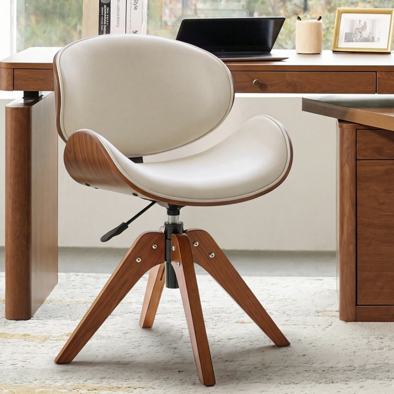 Chaise de bureau Oswina de style moderne du milieu du siècle, revêtue de similicuir, avec structure en bois courbé et base pivotante.