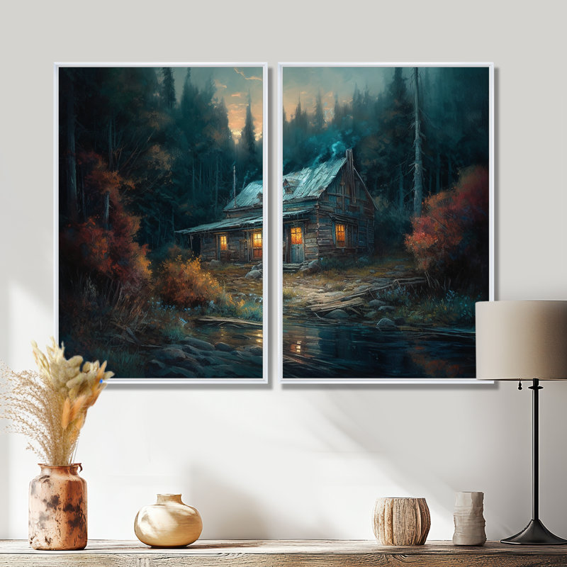 Cabane dans les bois - grande décoration murale forêt 2 panneaux, Impression encadrée flottante, 36'' H x 48'' W, White