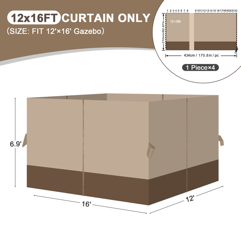 Aoodor Replacement 4-Panel Gazebo Sidewall Curtains, 82.7" H x 144" W x 192" D, Sand Yellow and Brown