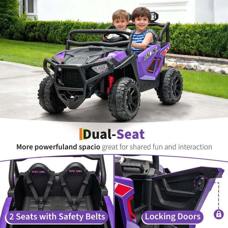 Deux places 24V pour enfants avec télécommande, trois vitesses, suspension à ressort, lumières DEL et musique, Purple