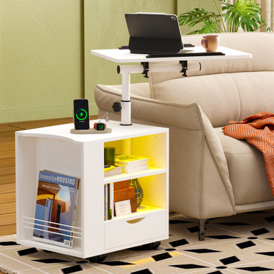 Table de chevet à DEL en bois manufacturé avec station de charge, hauteur réglable