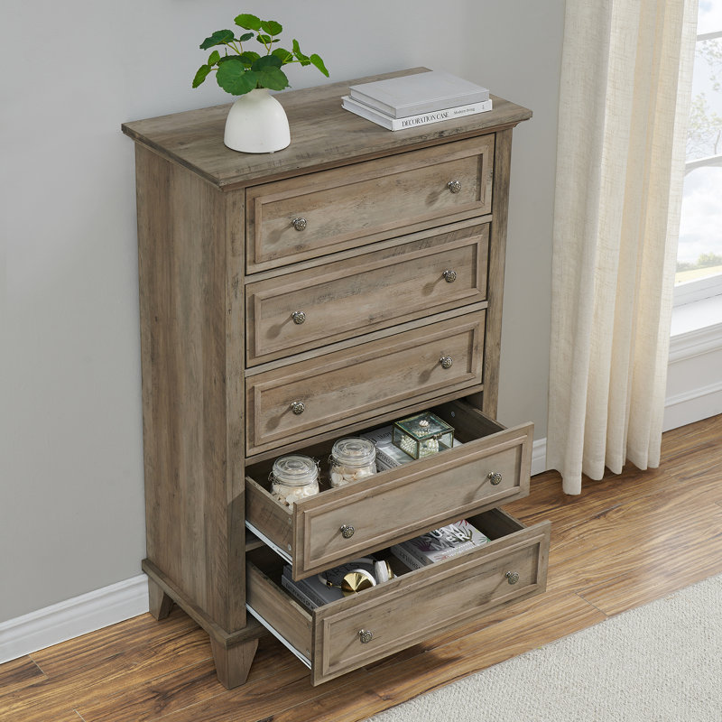 Commode 5 tiroirs en bois, Gris