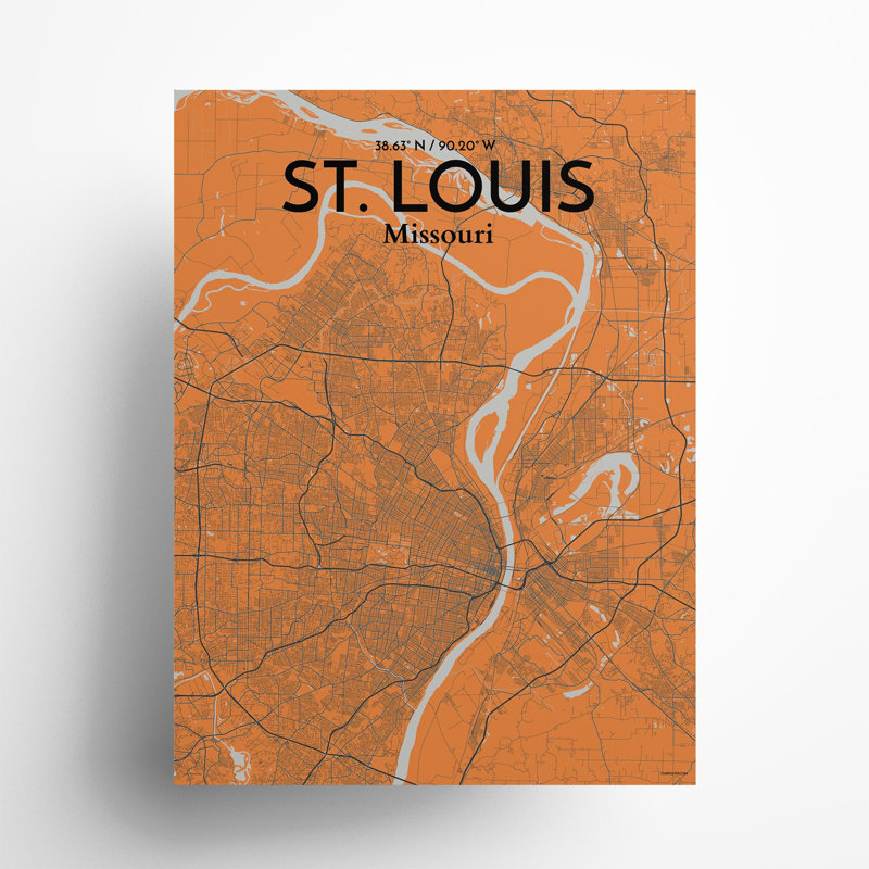 St. Louis City Map, impression, H 24 po x l 18 po, Orange et gris
