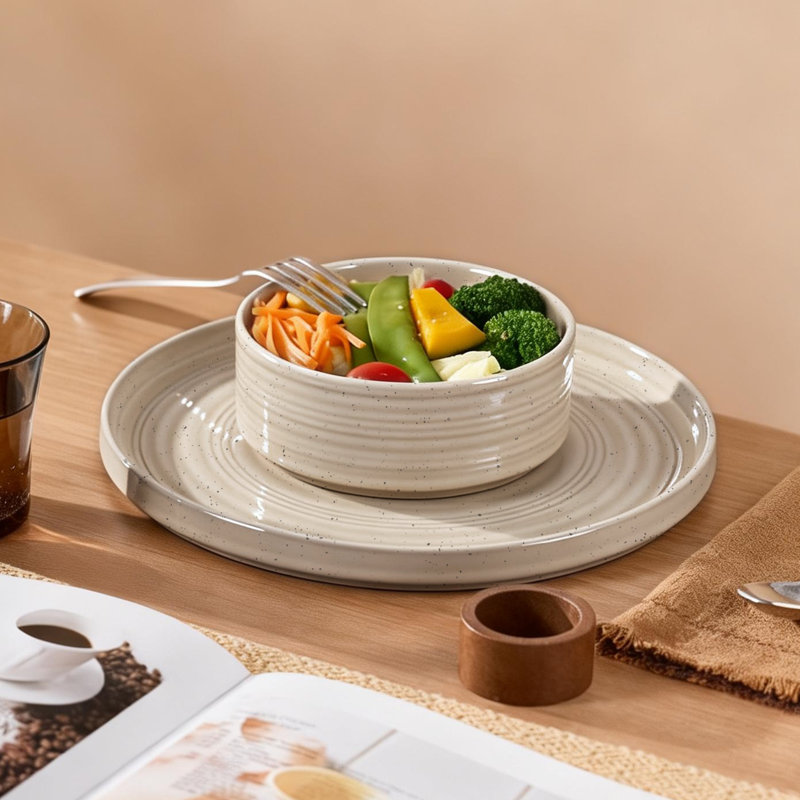 Ensemble de 12 assiettes et bols de cuisine, 12 ensembles de vaisselle, beige, Beige