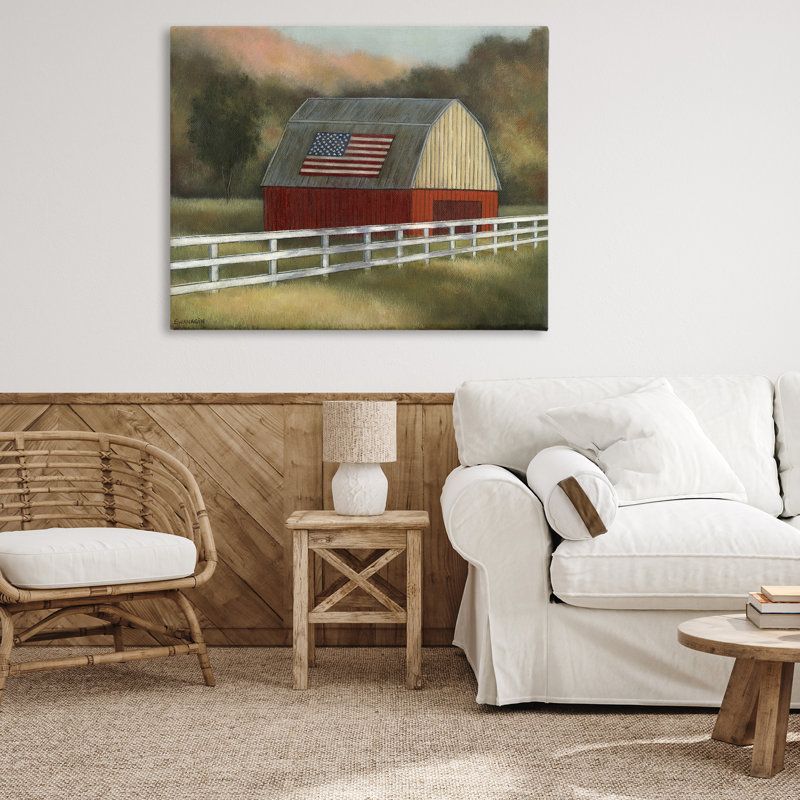 Art mural sur toile Tranquil Barn with American Flag, design par David Swanagin, H 36 po x l 48 po