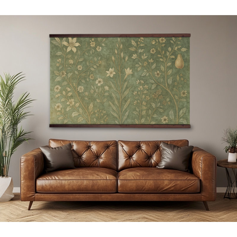 Extra Large Vintage Botanical Tapestry Wall Hanging – Green Floral & Pear Tree Design with Wooden Hanger, 40" H x 60" W