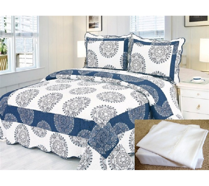 Ensemble de surfaces réversibles, Courtepointe de très grande taille et 6 pièces s, Blanc / bleu marine