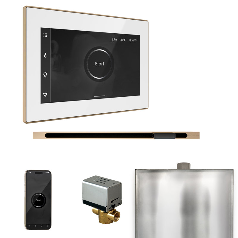 Ensemble de commande de douche à vapeur XButler avec commande iSteamX et tête de vapeur linéaire en blanc , Bronze brossé