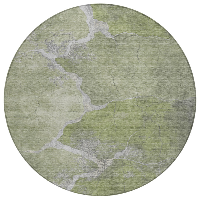 Machine Washable Indoor/Outdoor Xhevrie Green Rug, Round 8'