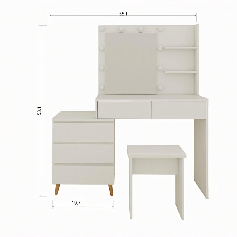 Coiffeuse avec miroir à DEL et coiffeuse de beauté blanche avec tiroirs de rangement, tabouret assorti et compartiments de rangement pour les pinceaux de maquillage et les cosmétiques