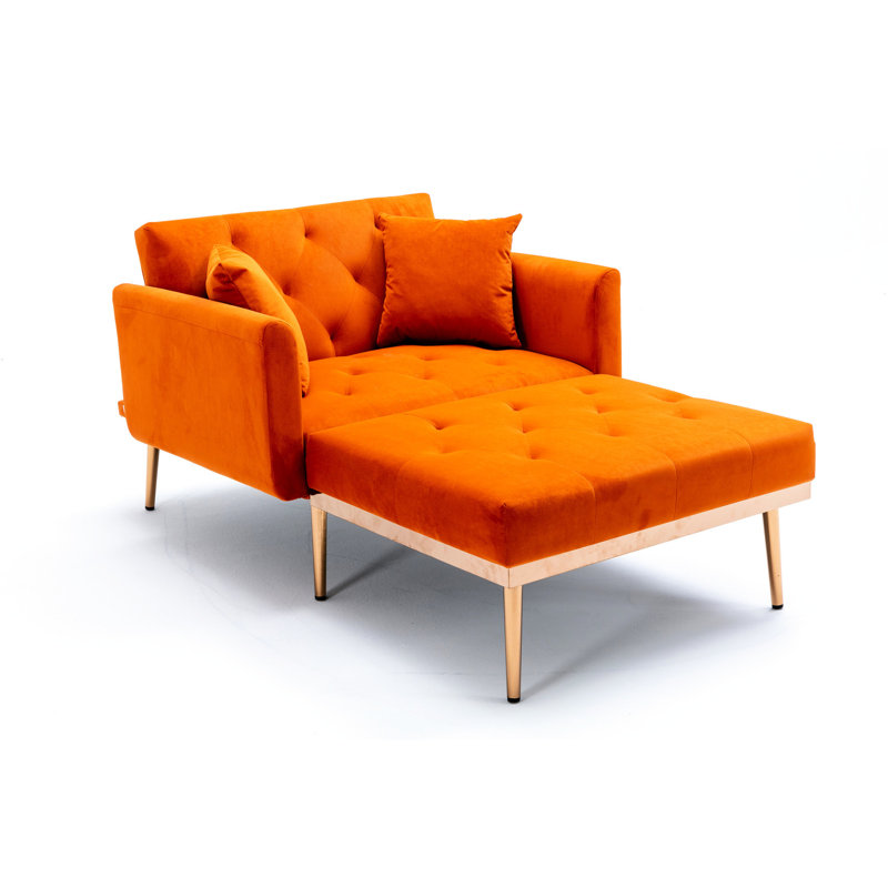 Chaise longue en velours avec coussins et coussin moelleux, réglable pour la chambre du salon (capitonnage décoratif orange, 3 niveaux, accoudoirs Living,