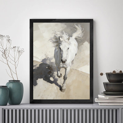 Art mural moderne et moderne en bois noir avec cheval blanc qui court sur la plage de sable, décoration murale élégante pour la décoration intérieure contemporaine