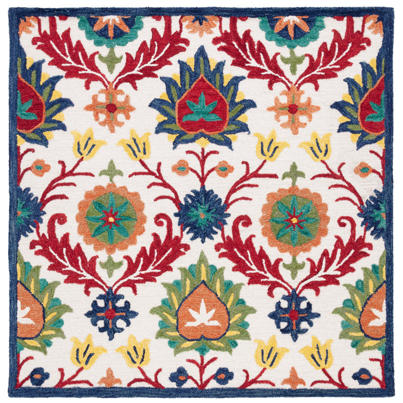 Blossom Hand Tufted Wool/Cotton Oriental Rug in Orange/Ivory/Green, Square 6'