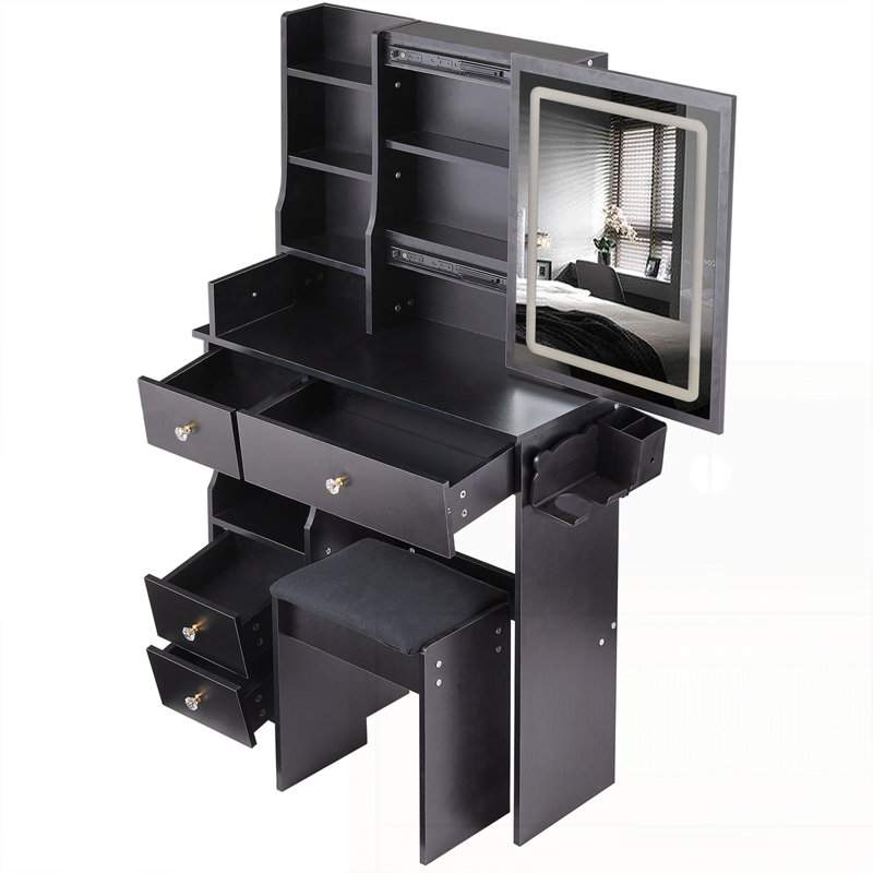29.2" Small Space Left Drawer Desktop Vanity Table and Cushioned Stool, Black