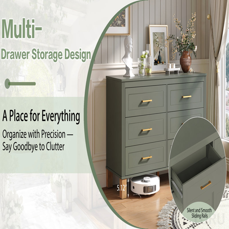 Commode double 6 tiroirs, pieds modernes en bois massif pour chambre d'enfant - Olive