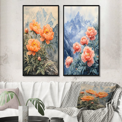Pivoines et sommet de montagne III - art mural floral 2 pièces
