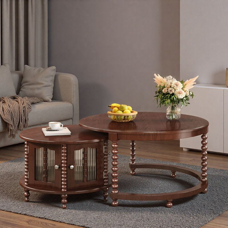 Table basse ronde emboîtable avec portes décoratives en verre en forme de bambou, pieds rétro perlés et espace de rangement