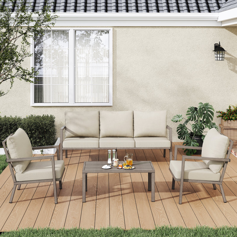 Ensemble de conversation d'extérieur en aluminium avec coussin beige, canapé et table basse 4 pièces Heim, Beige