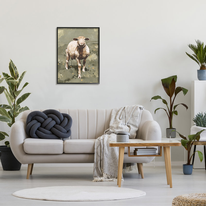 Sourire, printemps, mouton, vert, pissenlit, champ, H 30 po x l 24 po, Giclée encadrée noir minuit