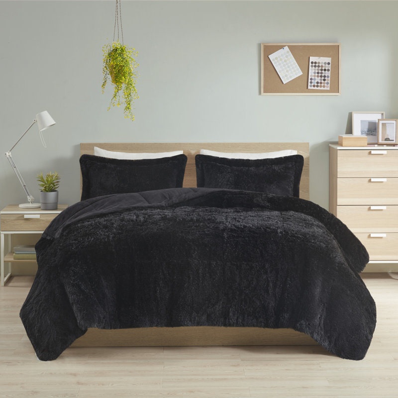 Brielle Shaggy Faux Fur Comforter Set with Faux Mink Reverse, Twin/Twin XL Comforter + 1 Standard Sham, Black