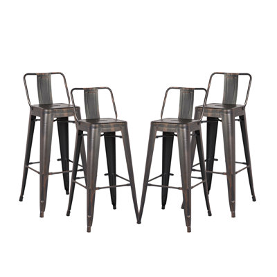 Tabouret de bar 24 po en métal de style rustique rustique avec dossier, tabouret de bar de cuisine, construction légère et robuste, ensemble de 4 - noir mat