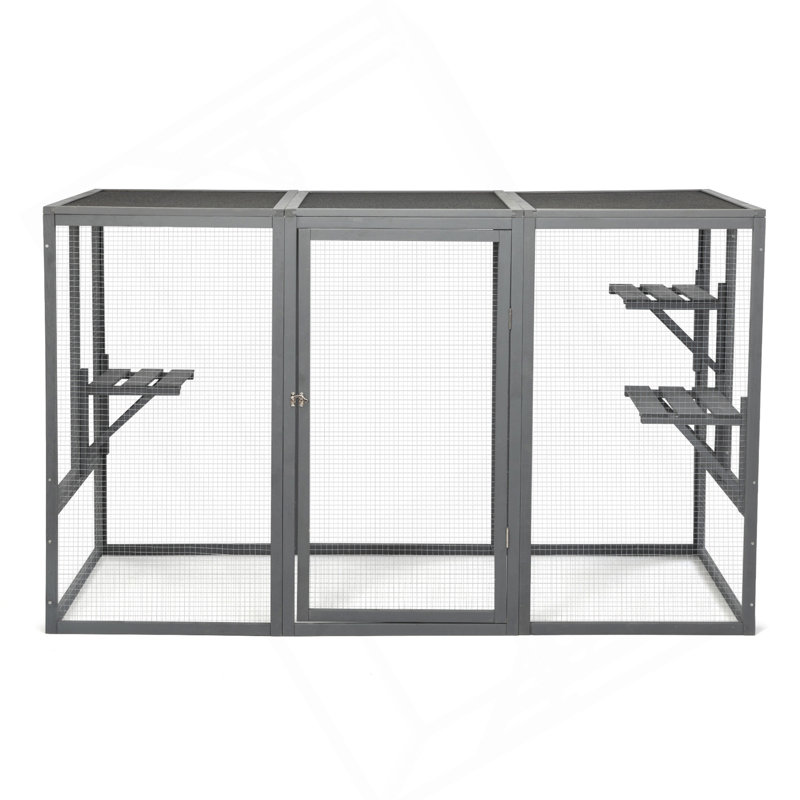 Cage à chat spacieuse en bois avec toit imperméable et pédales réglables - gris noir