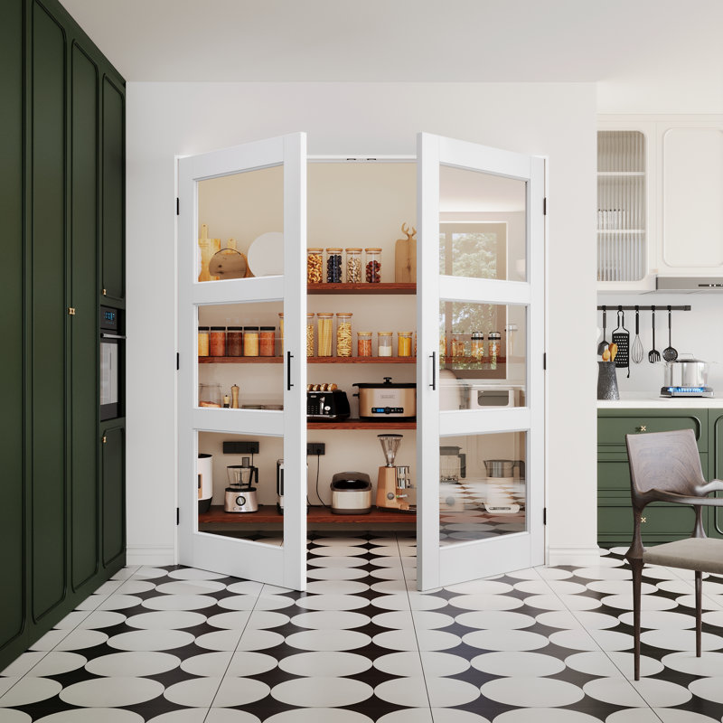 Porte intérieure à 3 vantaux en verre noir et transparent, portes françaises en MDF CARB P2 et verre trempé SGCC, cadre et quincaillerie noir mat inclus (loquets à bille, charnières et poignées), préfinie et imperméable, garde-manger, chambre, salle de bain et placard, teinture facile à appliquer soi-même, 183 cm x 203 cm