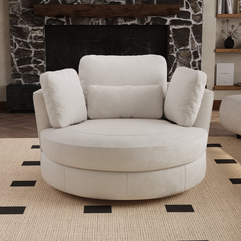 50" W Oversized Upholstered Slipcovered Swivel Barrel Chair, Beige