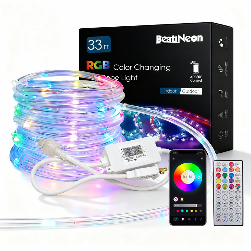 APP-Controlled RGB LED Rope Light, 33-Ft Waterproof Color-Changing Strip with Remote, Music Sync, Timer, and Mounting Kit for Indoor and Outdoor Use
