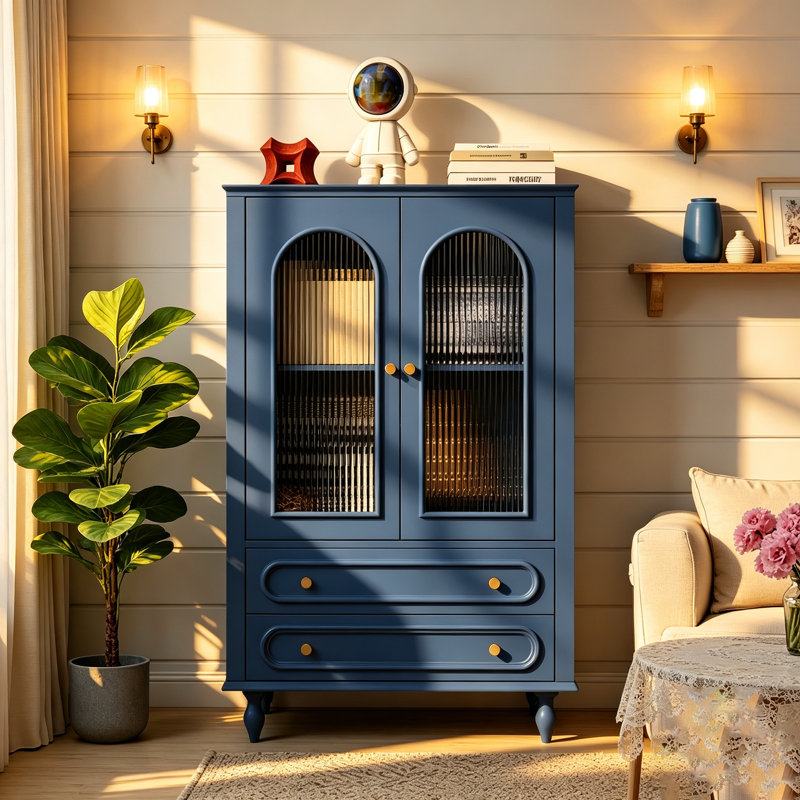 46.6" Navy Blue Ribbed Glass Display Cabinet with Drawers & Adjustable Shelf