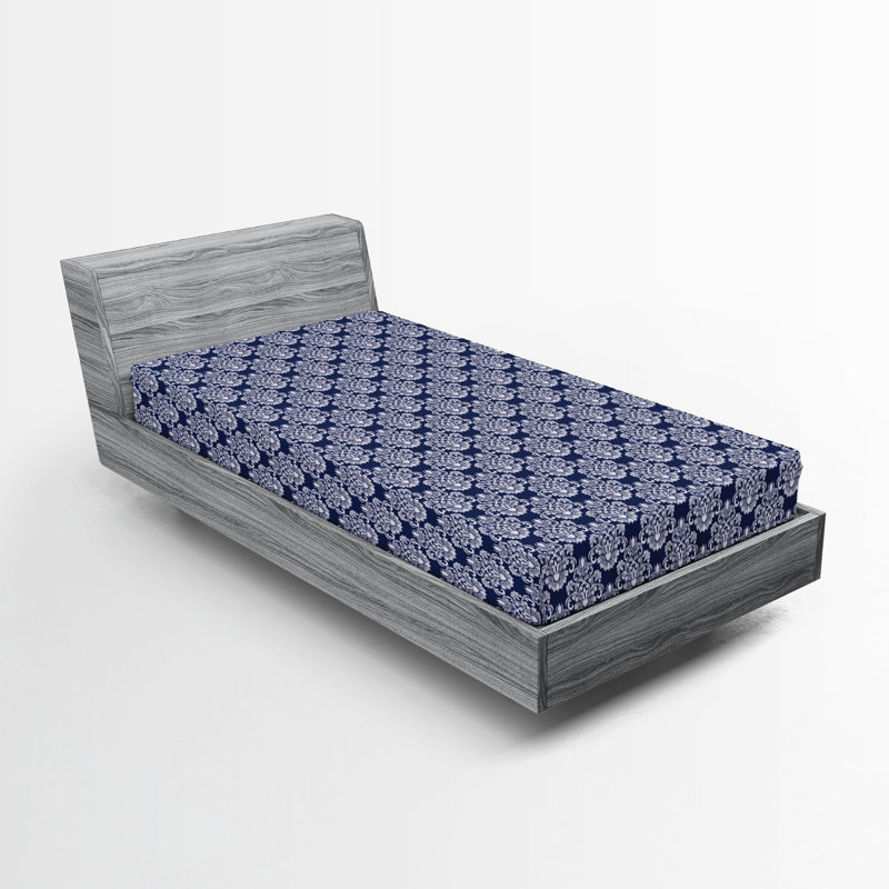 Ambesonne Fitted Sheet 2-Pack, Dark Blue/White Damask, Twin XL Fitted Sheet