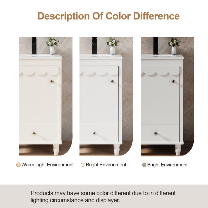 Gamlet 18" Small Single Bathroom Vanity With Ceramic Sink Top, Faucet, Decorative Wavy Edge, White