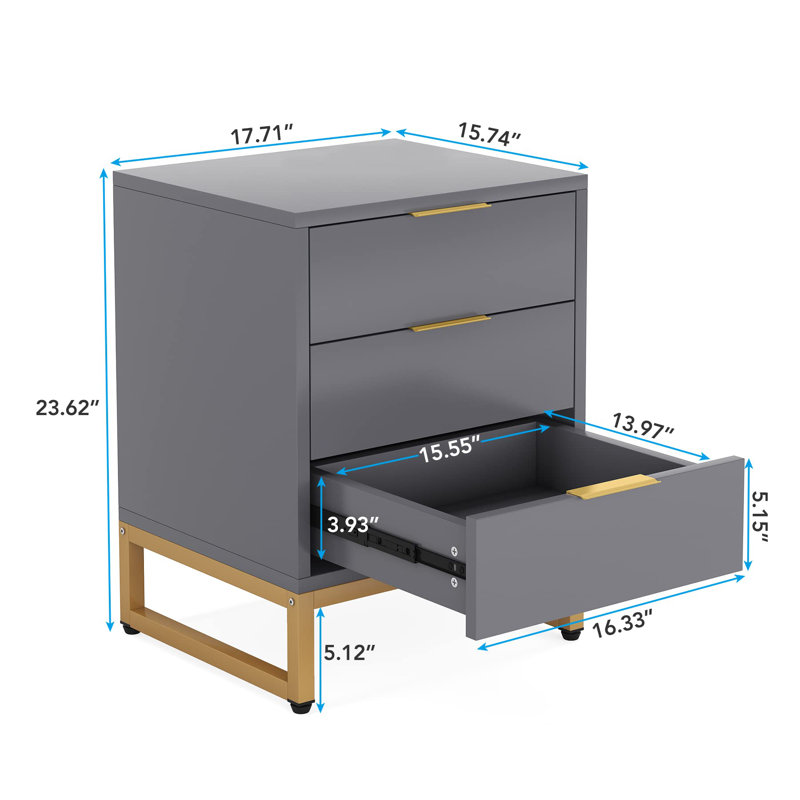 Ashvith 44.9cm W Bedside Table, Grey/Gold