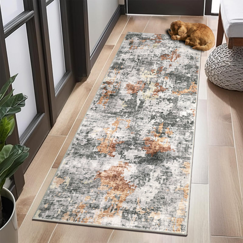 Washable Area Rug, Modern Abstract Low Pile Non-Slip Foldable Pearl Velvet Artistic Landscape Carpet, Orange Grey, 2'x8'