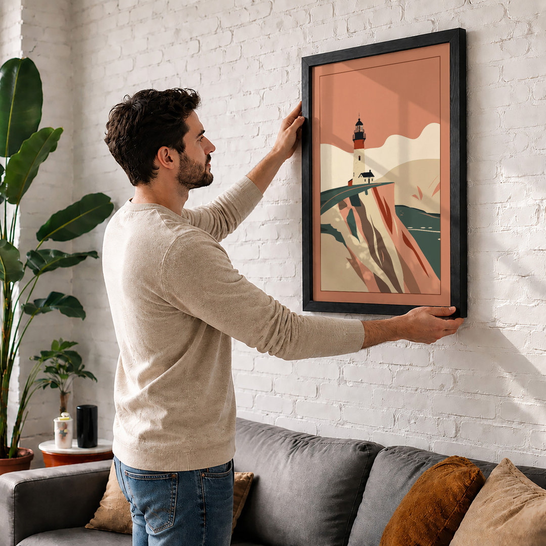 Lighthouse on Rocky Cliffs Coastal - Framed Print